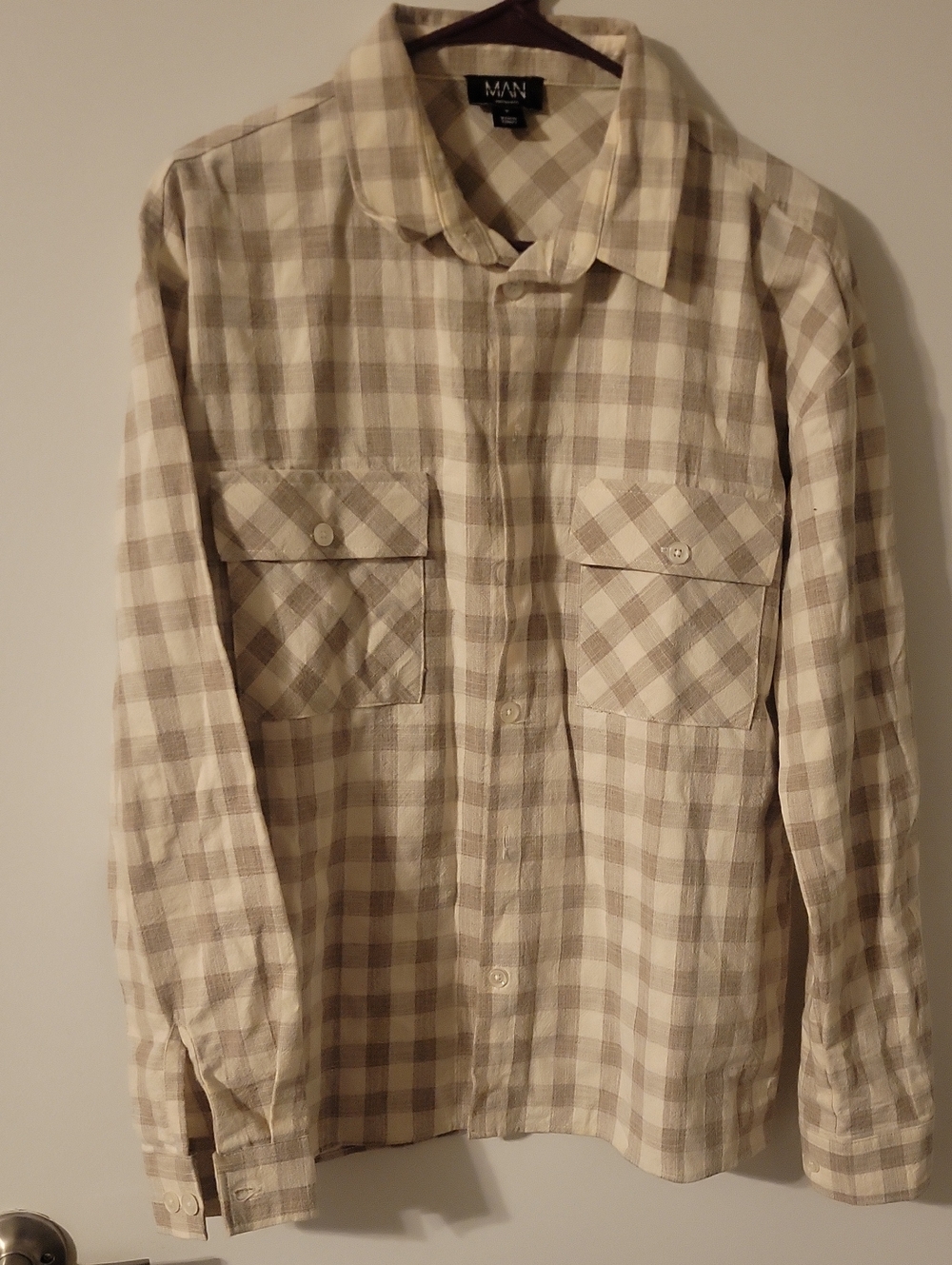 Boohoo Mens Beige & Cream Plaid Long-Sleeve Button-Down Shirt